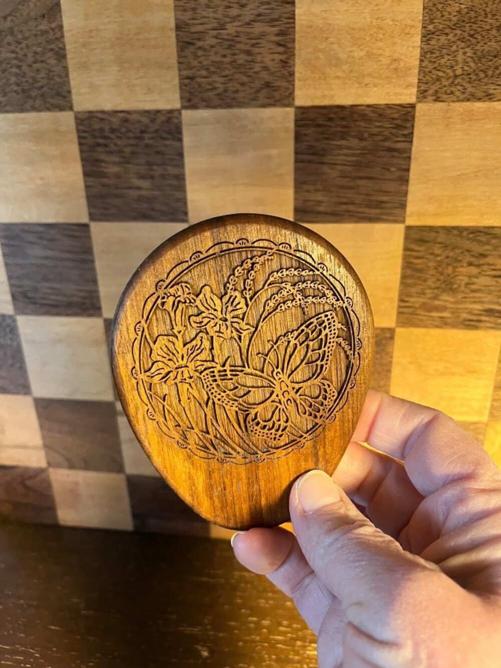 Wood Etched Butterfly and Iris Pocket Mirror, shows wear - Picture 3 of 4